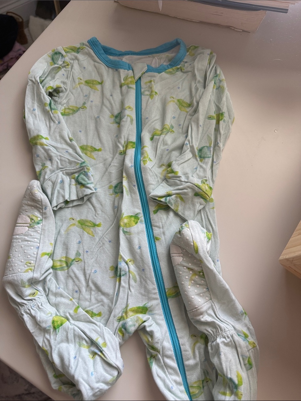 Baby Footed One-Piece Pajamas in Light Blue with Green Turtle Print
